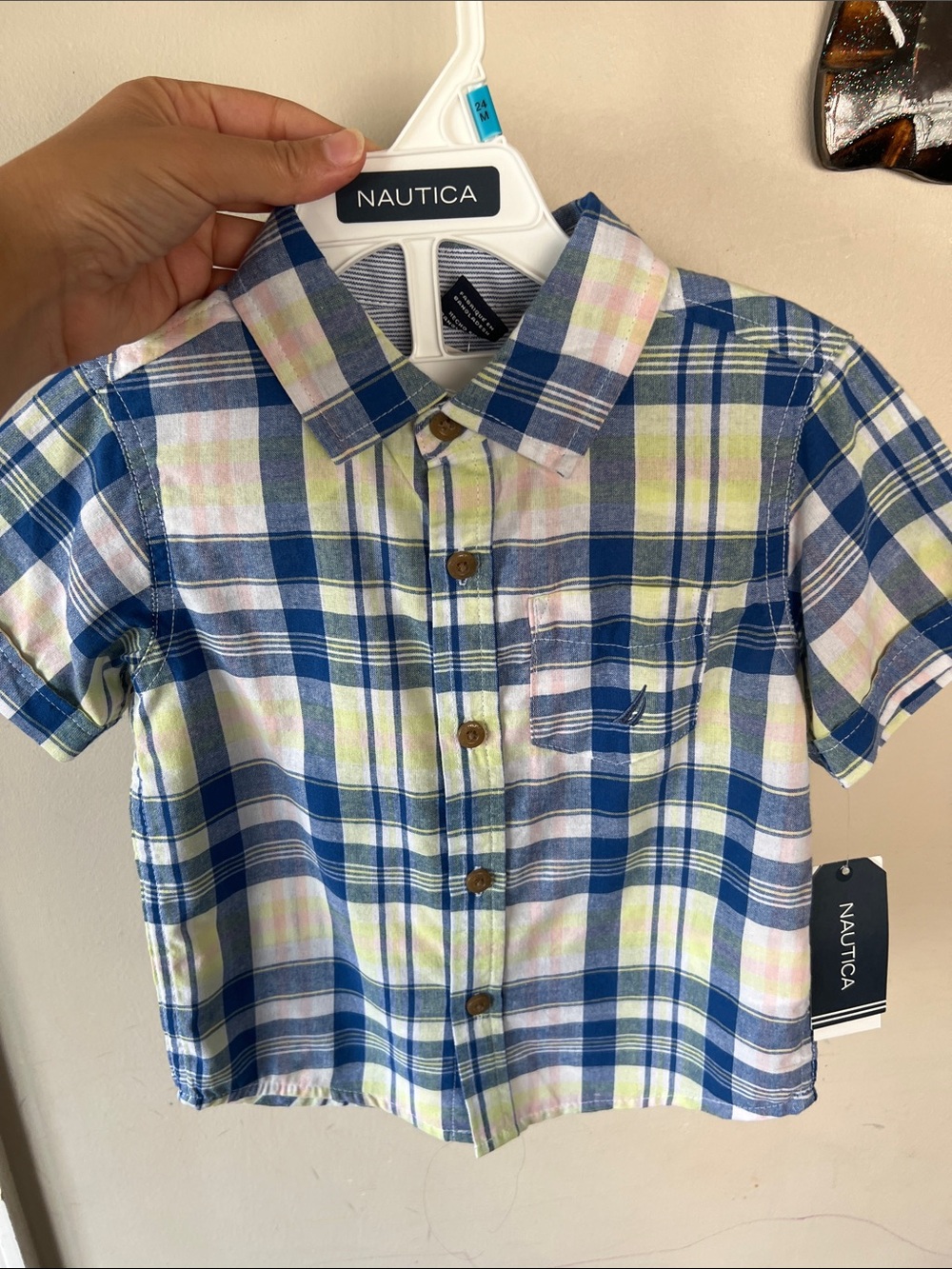 Nautica Boys Blue Plaid Short Sleeve Button-Down - Picture 1 of 2